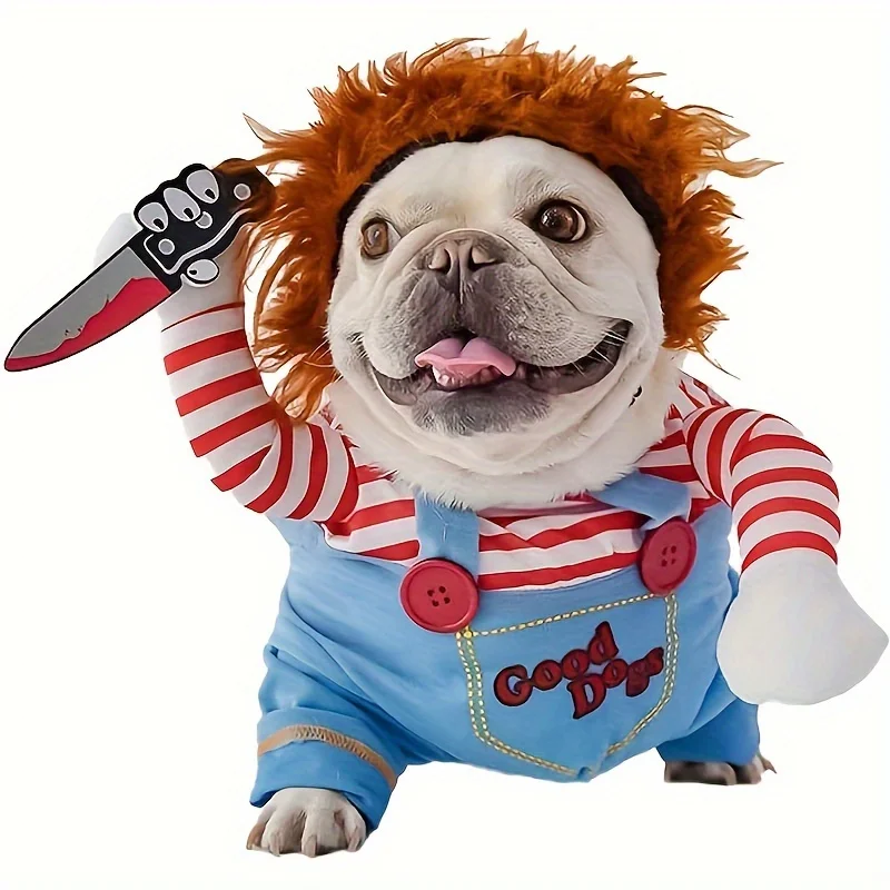 Costume de chien sanglant pour Halloween avec perruque et accessoires pour animaux de compagnie, idéal pour les fêtes