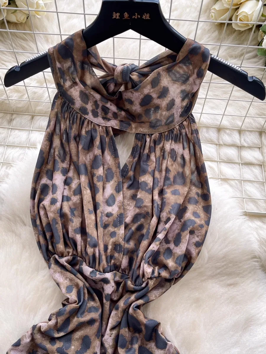 Foamlina halter amarrar leopardo impressão vestido feminino sexy quente menina recorte sem mangas cintura cinched bodycon mini night club vestido