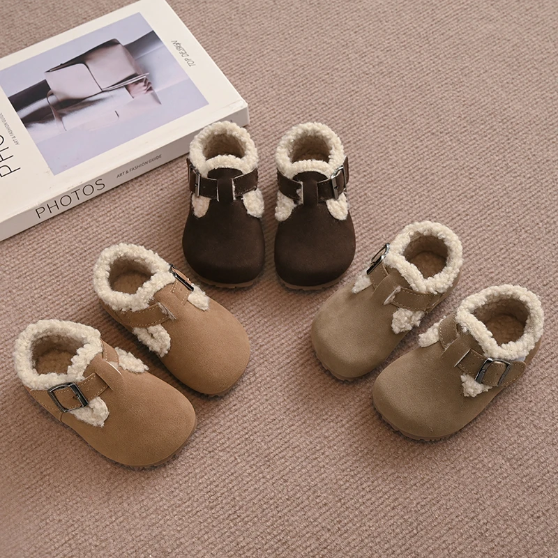 

2025 Girls Hot Selling Comfortable and Soft Flat Shoes Kids Round Toes Style Versatile Winter Children Suede Warm Cotton Shoes