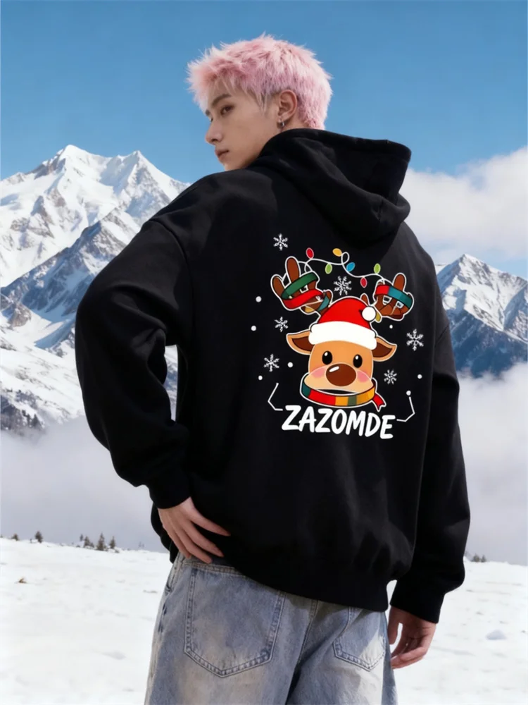 

ZAZOMDE 2025 теплая рождественская мужская толстовка с принтом оленей, мягкий пуловер с длинными рукавами и капюшоном на шнурке для холодной погоды на открытом воздухе