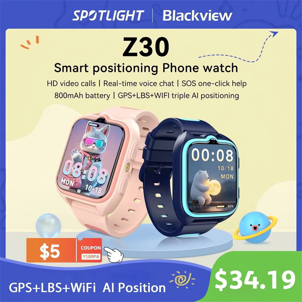 

Blackview Z30 Kids Smart Watch Children Phone Watch, LBS+WiFi+GPS Triple AI Positioning, 4G Video Call, Phone Watch Smartwatch