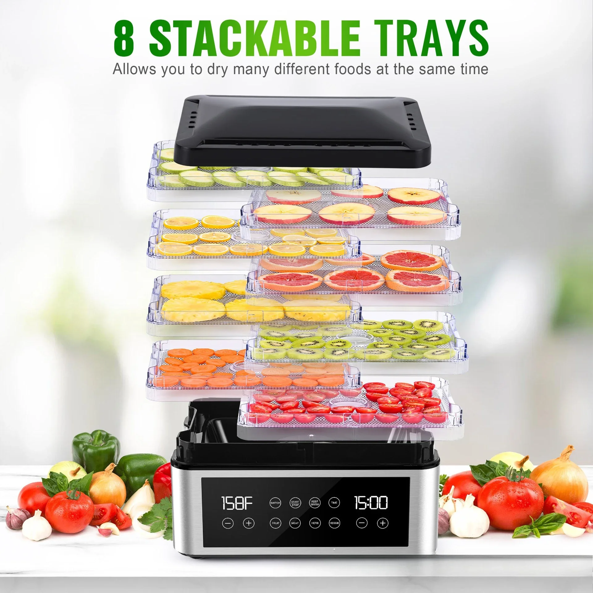 Dörrgerät, Dörrgerät für Lebensmittel und Dörrfleisch, Obst, Kräuter, Gemüse, Temperaturregelung, elektrische Lebensmitteltrockner