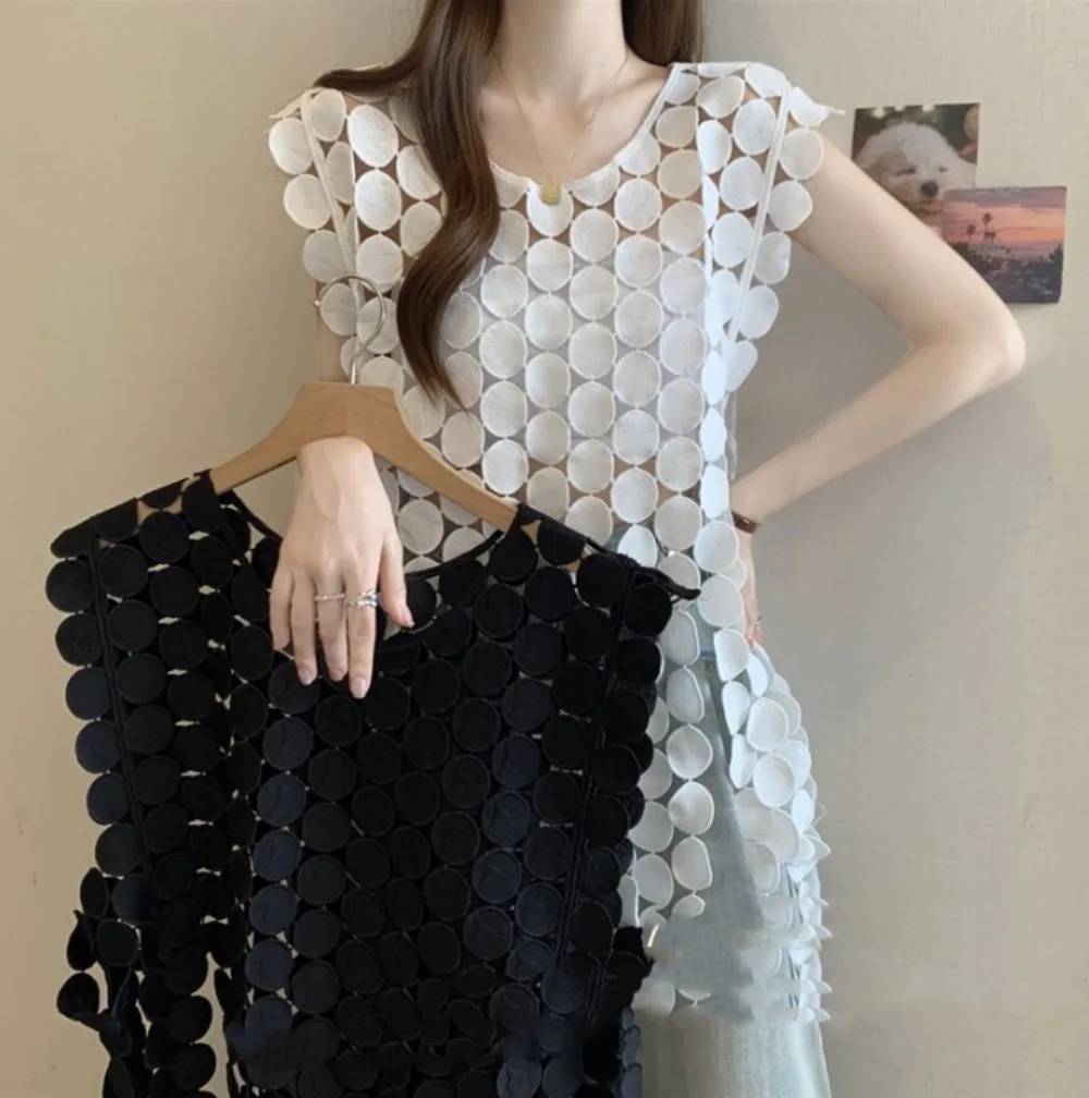 

French Style Hollow Out Sleeveless Vest Women Irregular Loose Solid Color Tank Top