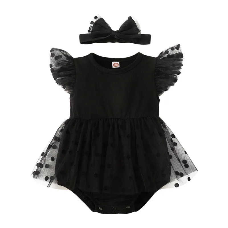 Summer Infant Newborn Baby Girl Clothes Ruffle Sleeve Dress Romper 2Pcs Dot Mesh Skirts Hem Bodysuit with Headband Set