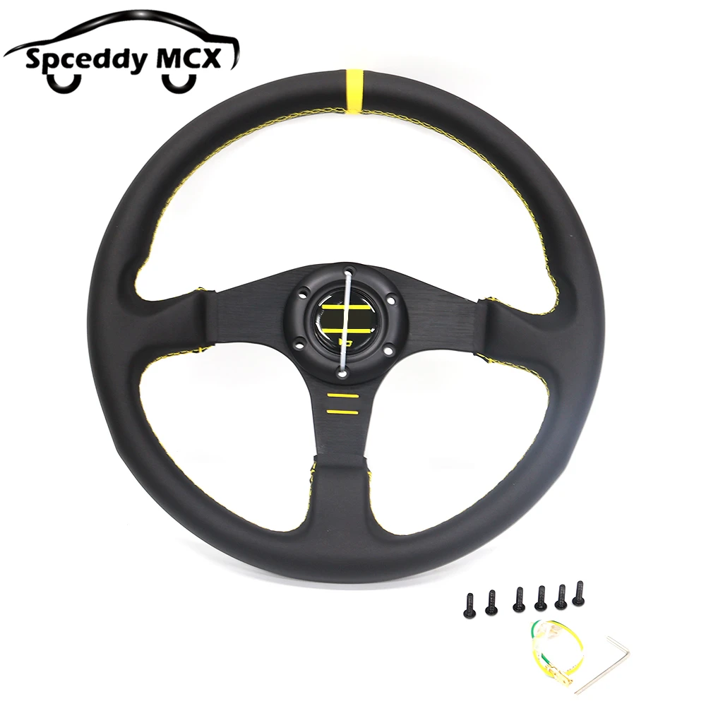 14 Inch 350MM Sim Racing Steering Wheel JDM Real Leather For Golf 7 Ford Audi Universal Car Accessoires Yellow Black O24SM1127P