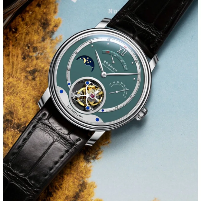 Skeleton Mechanical Watch for Men Moon Phase Decorative Rotor Leather Strap Wristwatch