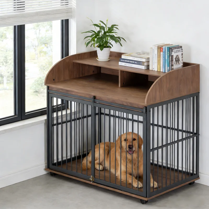 Large Dog Crate Furniture End Table Heavy Duty Wooden Kennel with Double Storage Lockable Wheels
