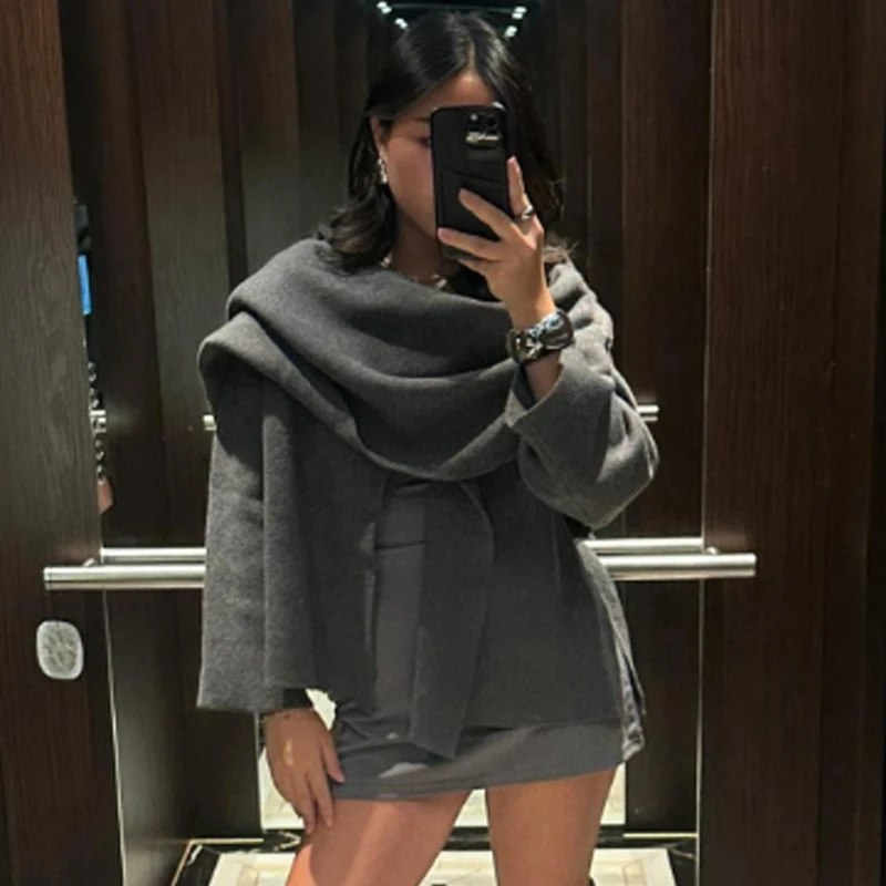 HXAO Knit Cape Coat Women's Jacket New In Coats & Jackets Cloak Cut Out Long Sleeve Cardigan Asymmetric Scarf Cropped Outerwears