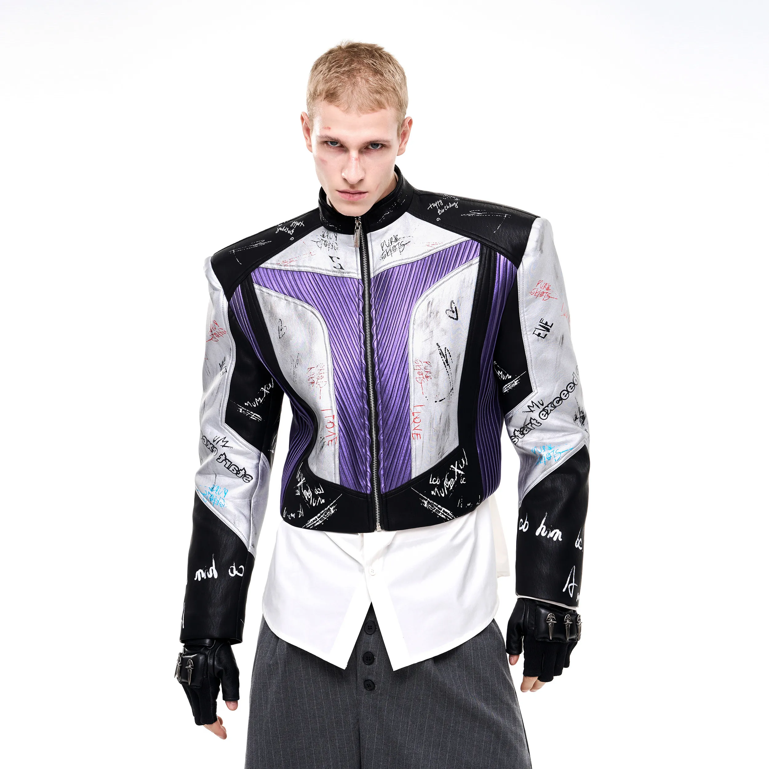 Men's Graffiti Print Biker Jacket Cropped Stand Collar Leather Panel Coat with Racing Style for Autumn Winter Outfits