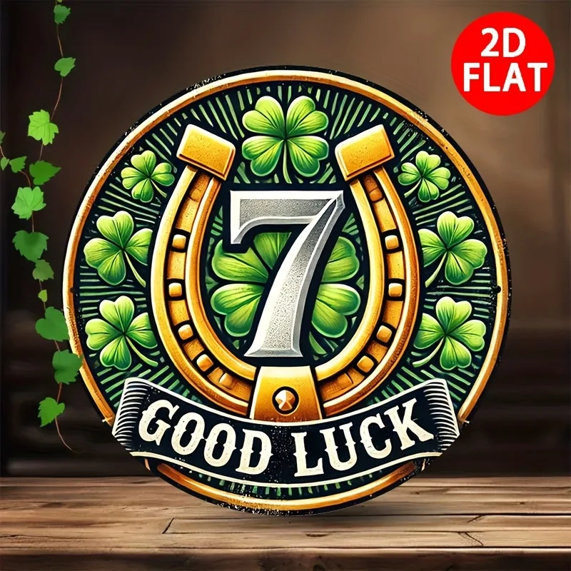 Good Luck Charm Rundes Eisenschild – 20,32 x 20,32 cm, glänzendes goldenes Finish mit Kleeblatt- und Hufeisen-Design, perfekt für Zuhause, B