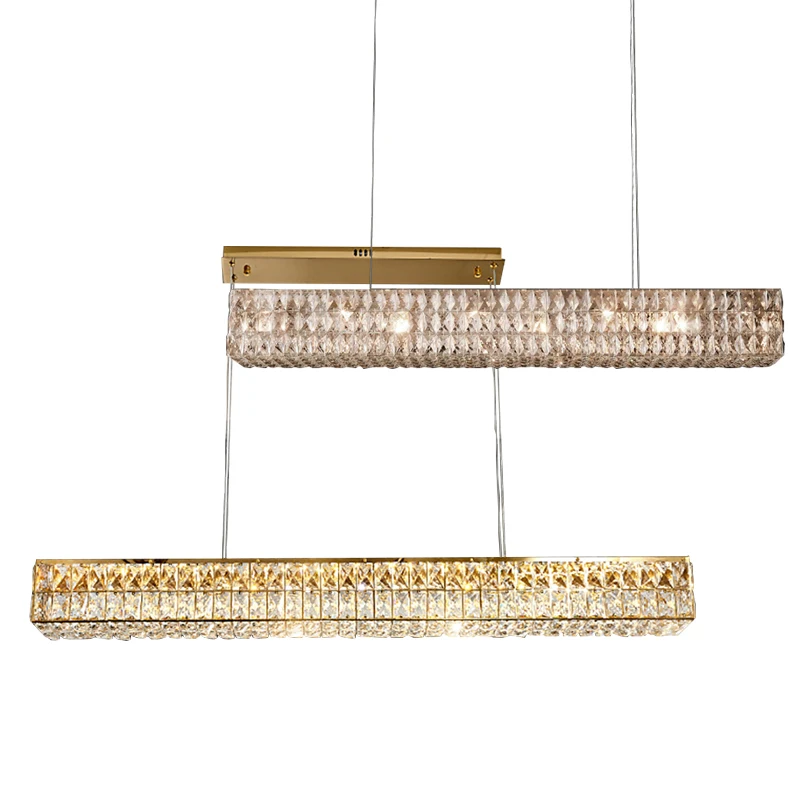

Дизайнерское современное украшение комнаты K9 Хрустальная длинная люстра Светодиодные светильники с регулируемой яркостью над обеденным столом Золото Серебро Hanglamp