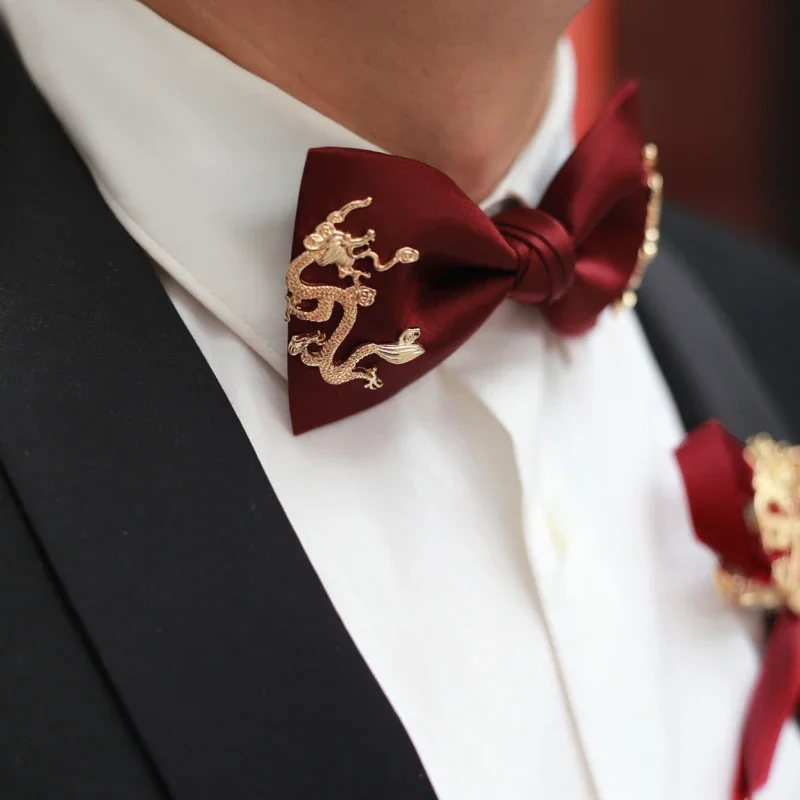 Wedding bridegroom best man dragon phoenix Chinese bow tie wedding male wine red high-end gift box set studio