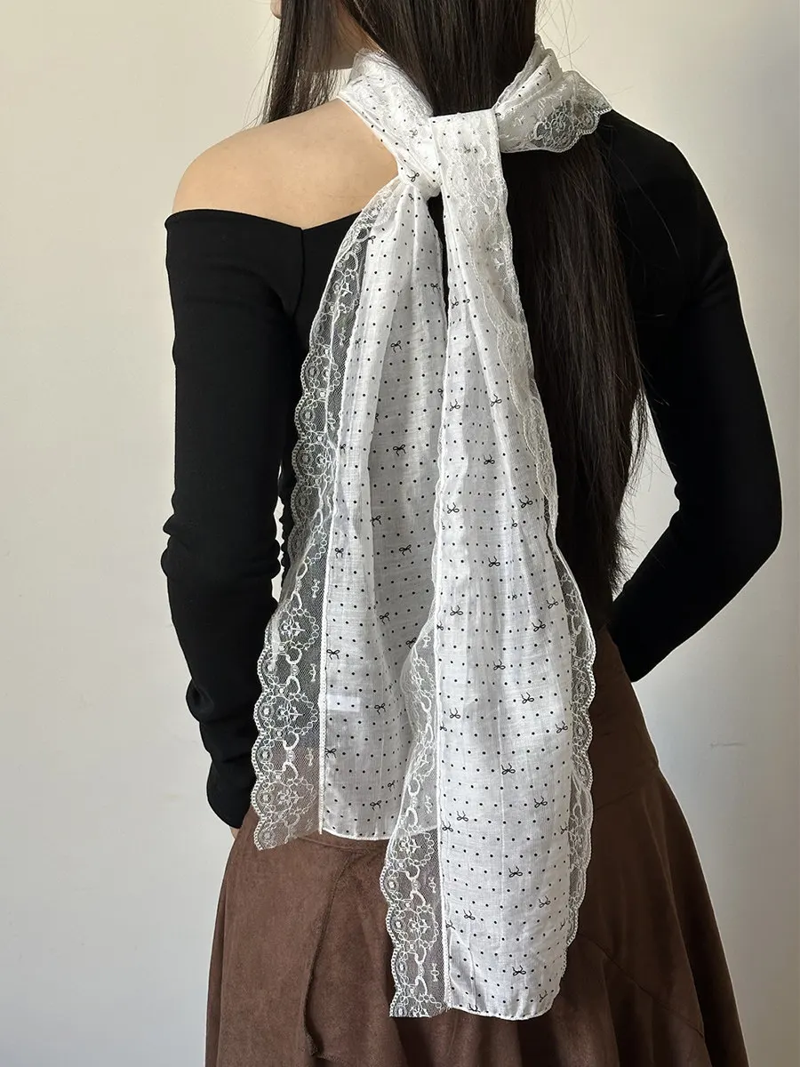 

Korean Style White Polka Dot Bow Lace Long Scarf Women 2026 Spring Summer Sweet All-Match Thin Neck Scarf