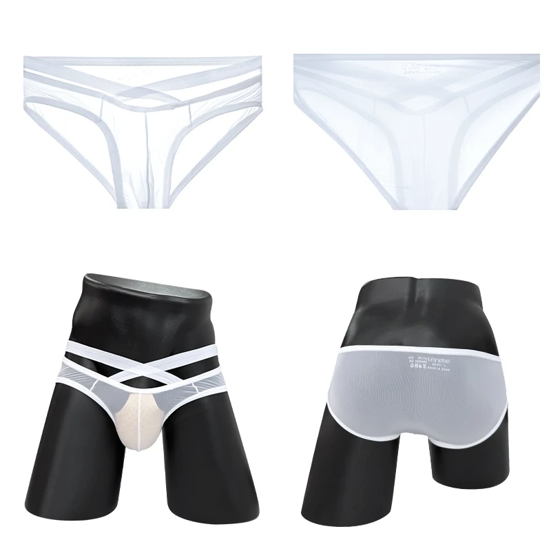 

4 шт. сексуальных мужских трусов из ледяного шелка, тонкое прозрачное нижнее белье с перекрестным поясом, модные бесшовные трусы-брифы