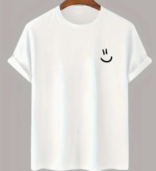 Men Cotton White T-Shirt with Joyful Face Print - Minimalist Round Neck Short Sleeve Casual Casual Attire  T Shirts