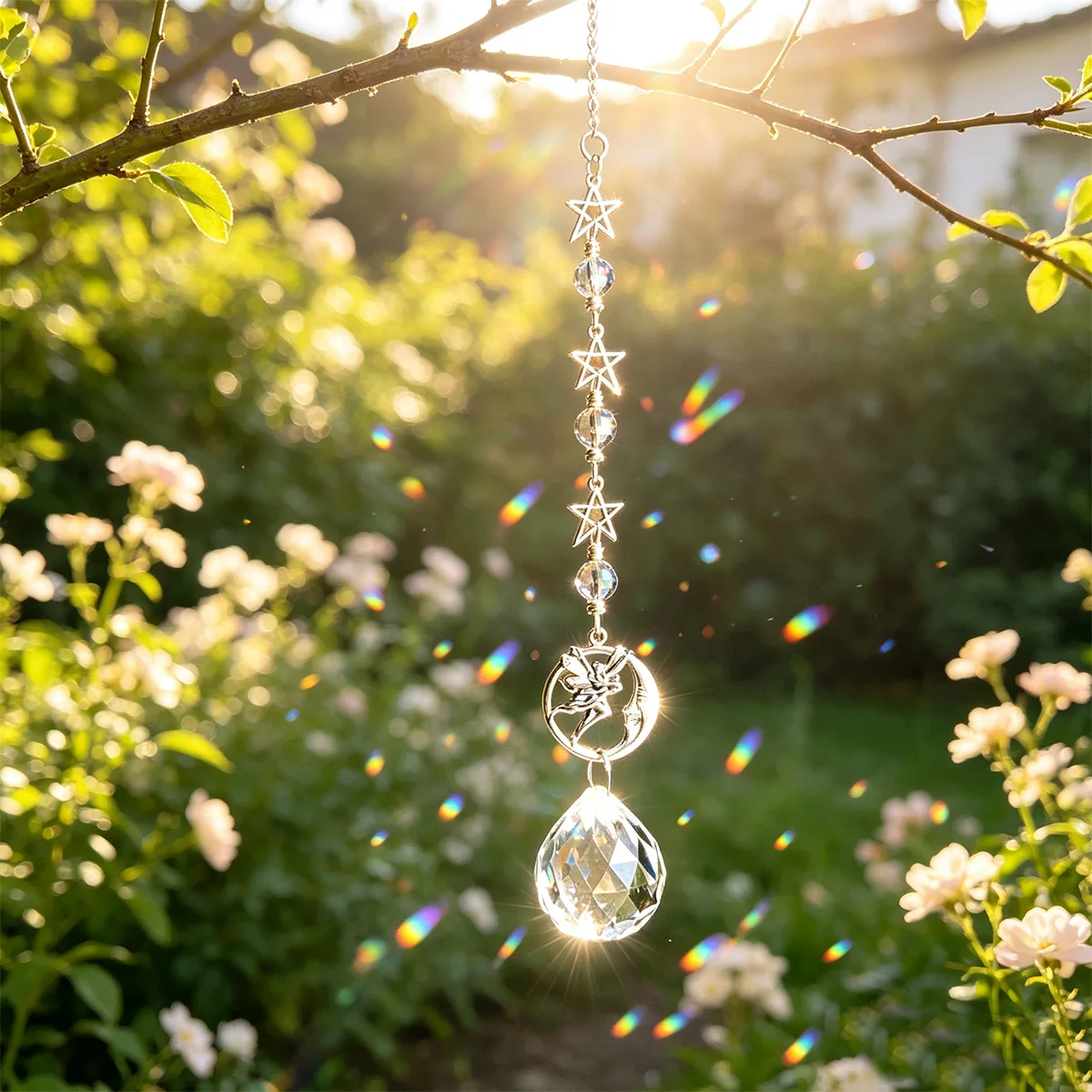 1 piece of light luxury silver metal moon fairy pentagram crystal hanging ornament, garden/terrace sun catcher, balcony/window/garden hanging decoration, home bay window/bedroom/wall hanging decoration, healing atmosph