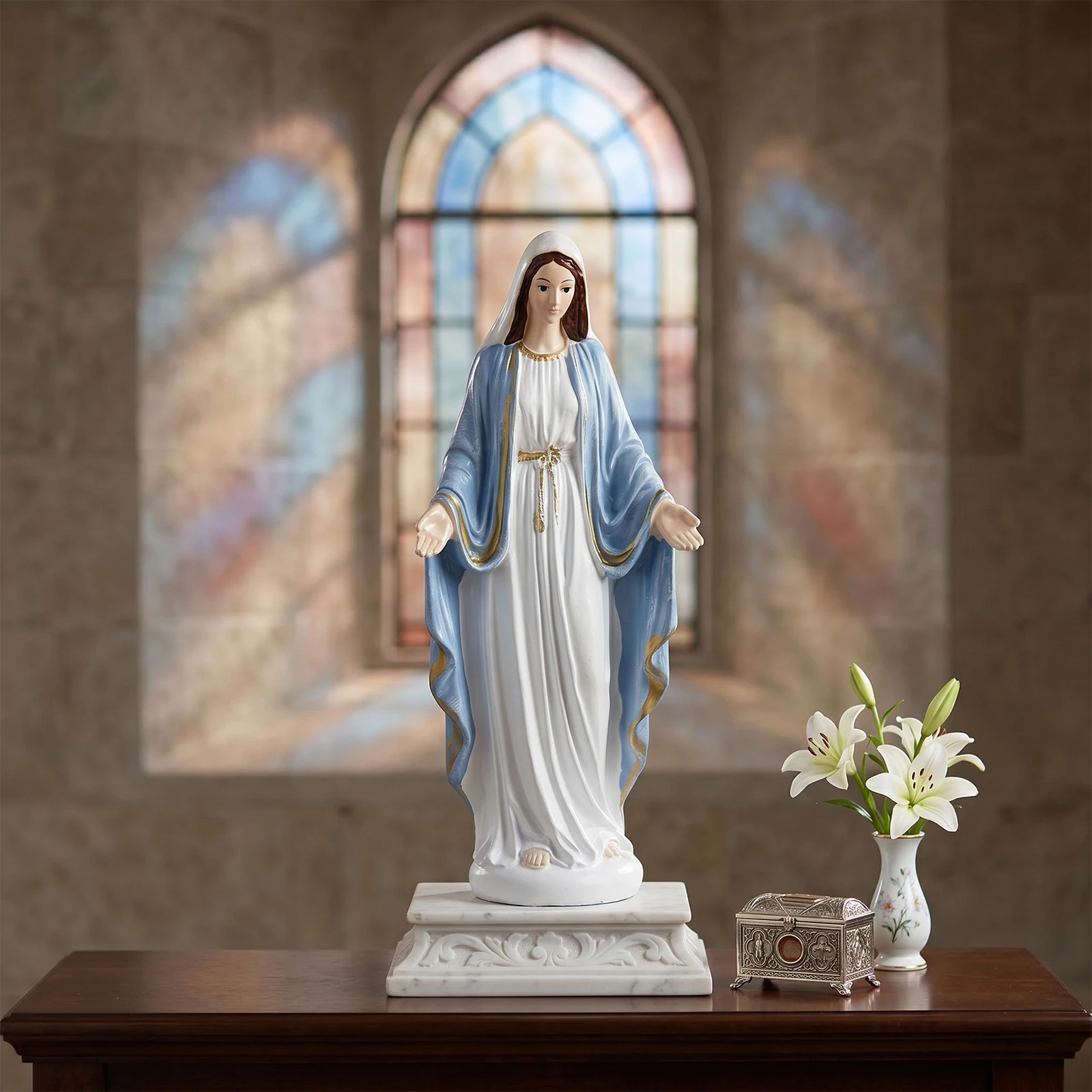 Resin Virgin Mary Collectible Figure Our Lady of Guadalupe Figurine Ornament for Christian Prayer Altar Gift Home Decor
