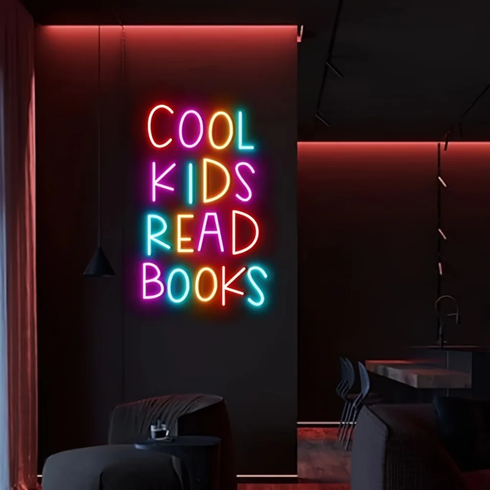 I bambini fantastici leggono libri che leggono insegne al Neon, insegne al Neon dimmerabili per pareti, libri sala lettura al Neon, decorazioni per biblioteche