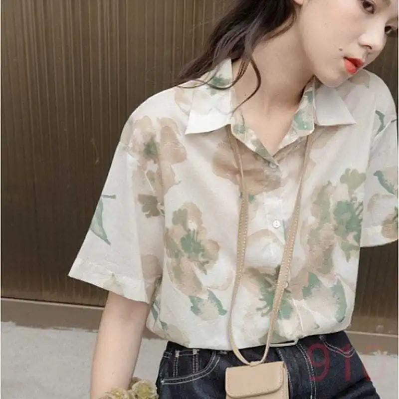 2024 Elegant Fashion Harajuku Slim Fit Female Clothes Loose Sweat All Match Casual Tops Women Button Printed Short Sleeve Blusa