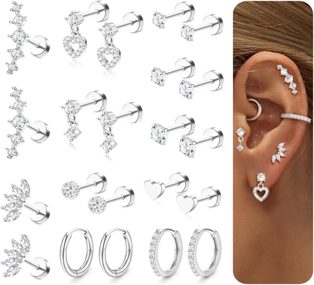 

Drperfect Flat Back Earrings for Women Cartilage Earrings Stacks 20G Surgical Steel Stud Hoop Earring Set Helix Piercing Jewelry