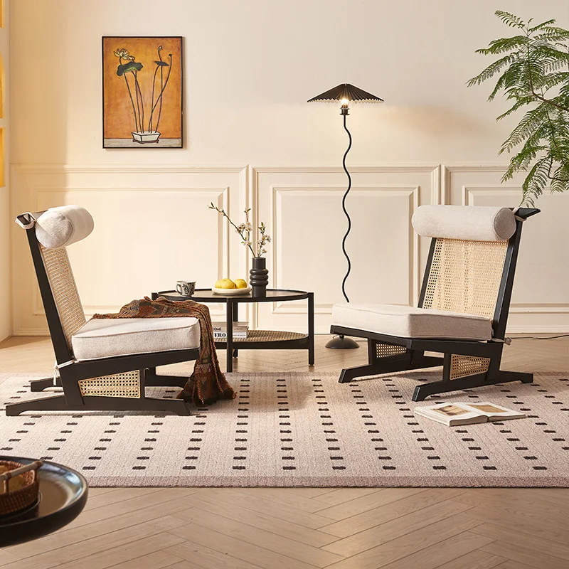 

Nordic solid wood sofa chair black simple rattan chair three-piece coffee table combination rattan bed and breakfast bedroom