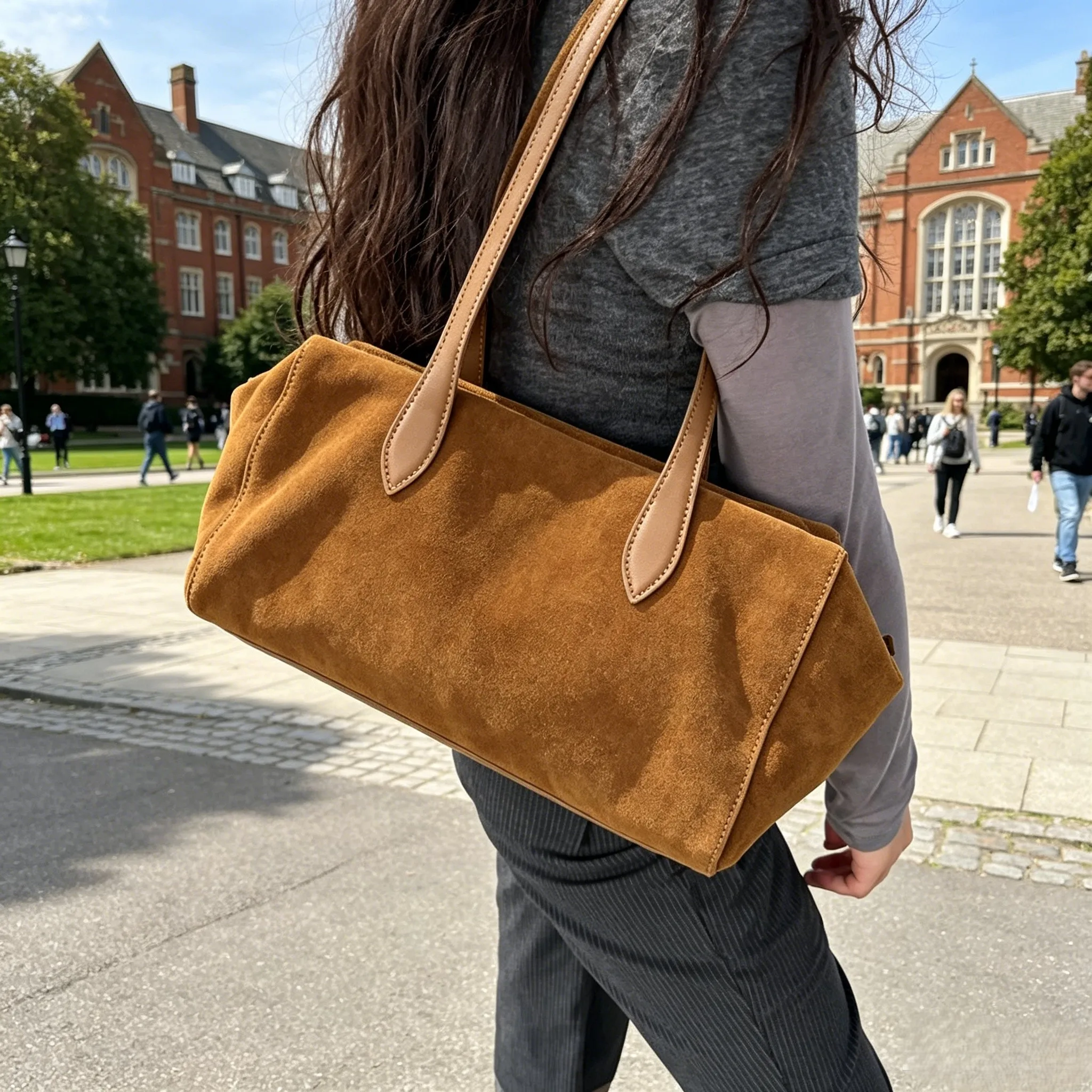 Women's Natural Suede Leather long handle Shoulder Bag Luxury Designe Genuine Suede Leather Handbags Shopping Underarm Bag