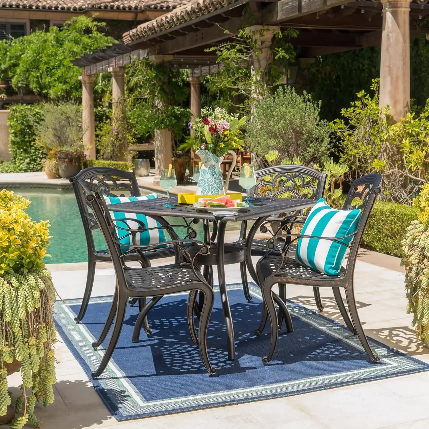 Murat Outdoor 5 Piece Shiny Copper Finish Cast Aluminum Dining Set, 21.5 