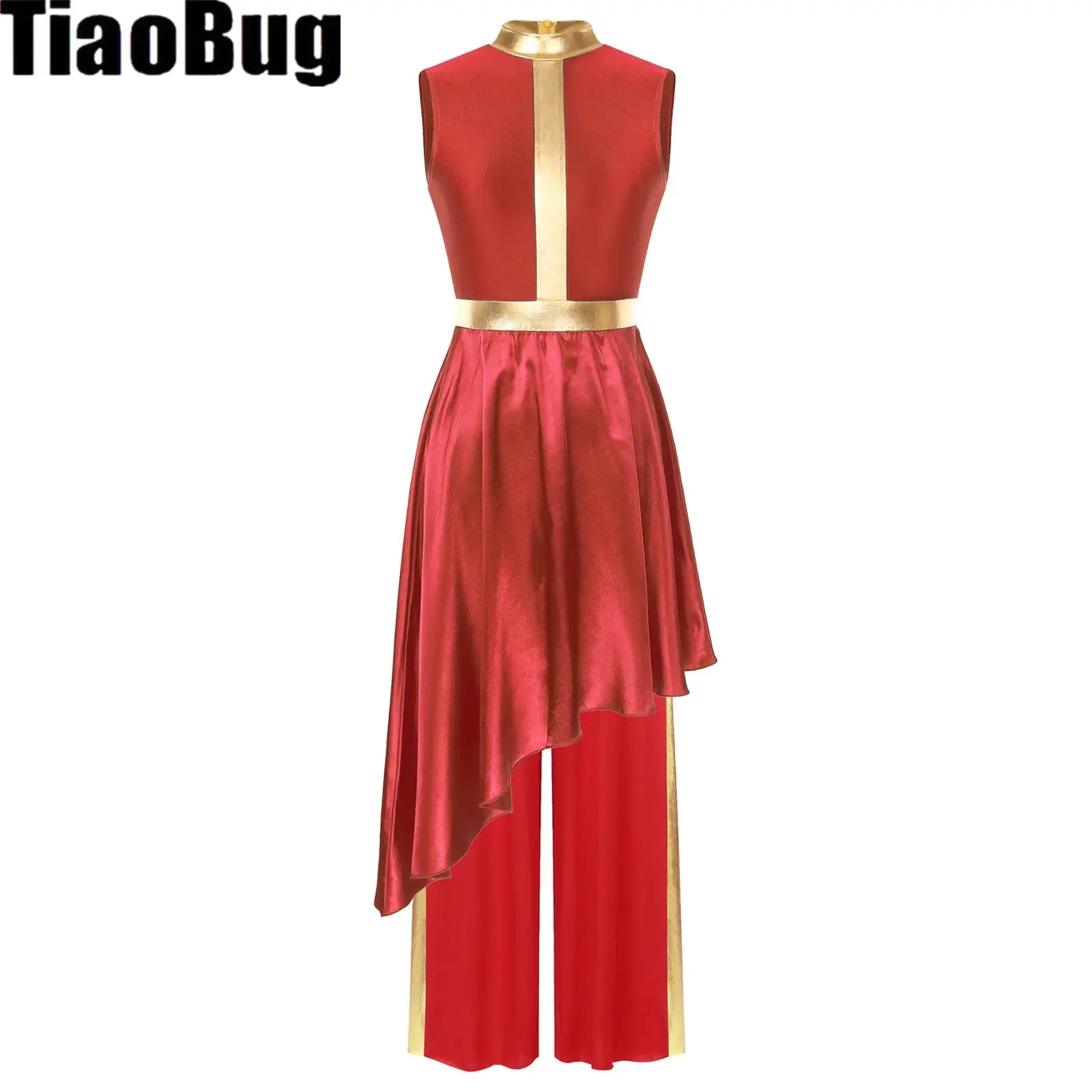 Liturgische danssets voor dames Mouwloze jurk met asymmetrische zoom Onzichtbare danskleding met losse metallic patchworkbroek
