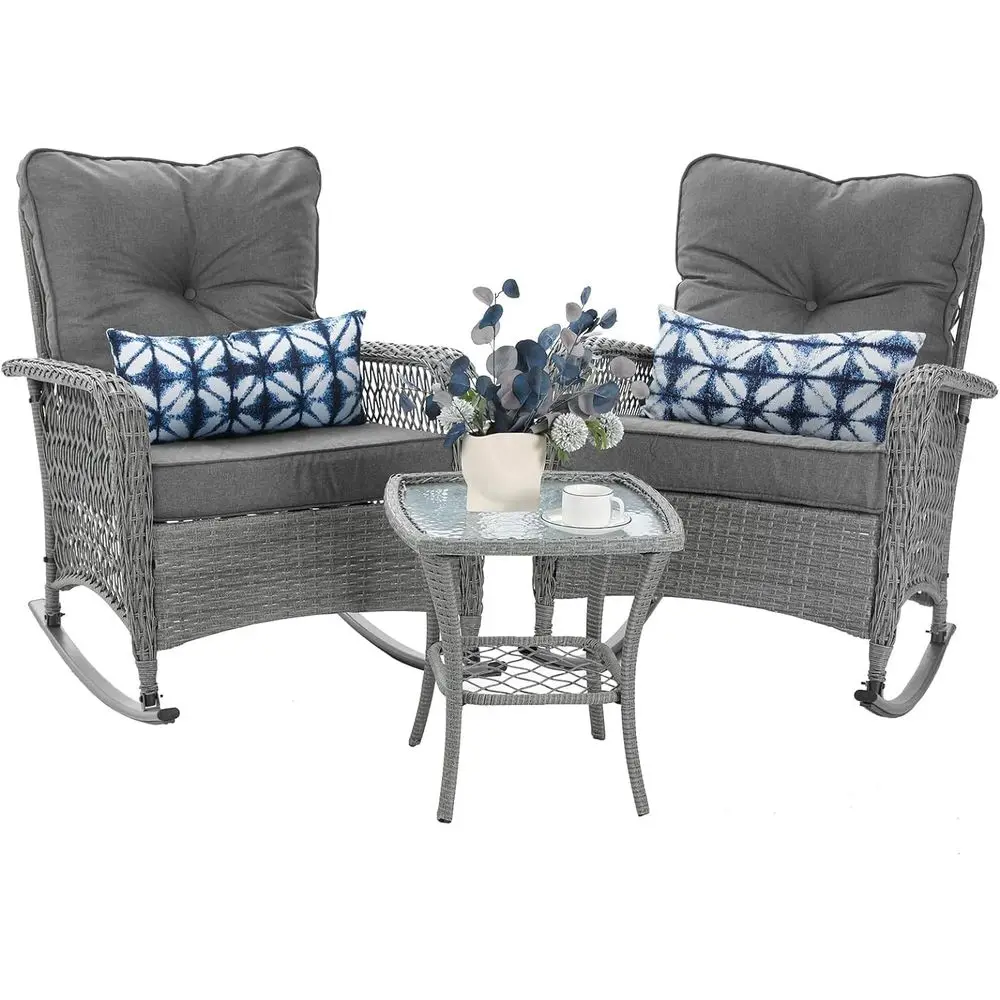 

3-Piece Wicker Outdoor Bistro Set with Cushions, Rocking Chairs and Table for Patio, Garden, or Porch (Grey)