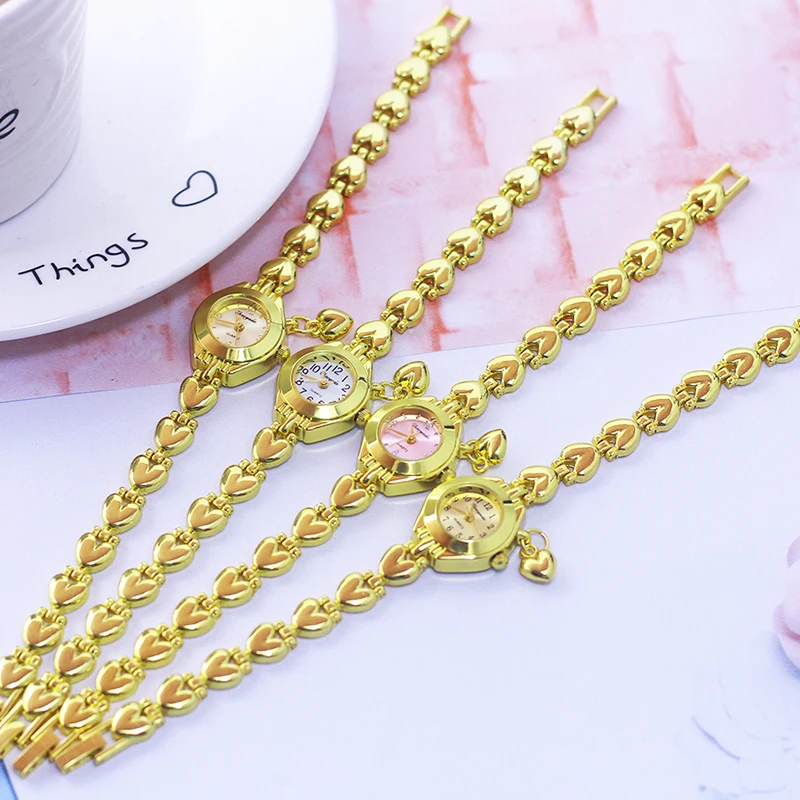 Luxury Woman Lady Gold Love Pendant Bangle Bracelet Wristwatches Young Female Girls Fashion Waterproof Gifts Thin Strap Watches