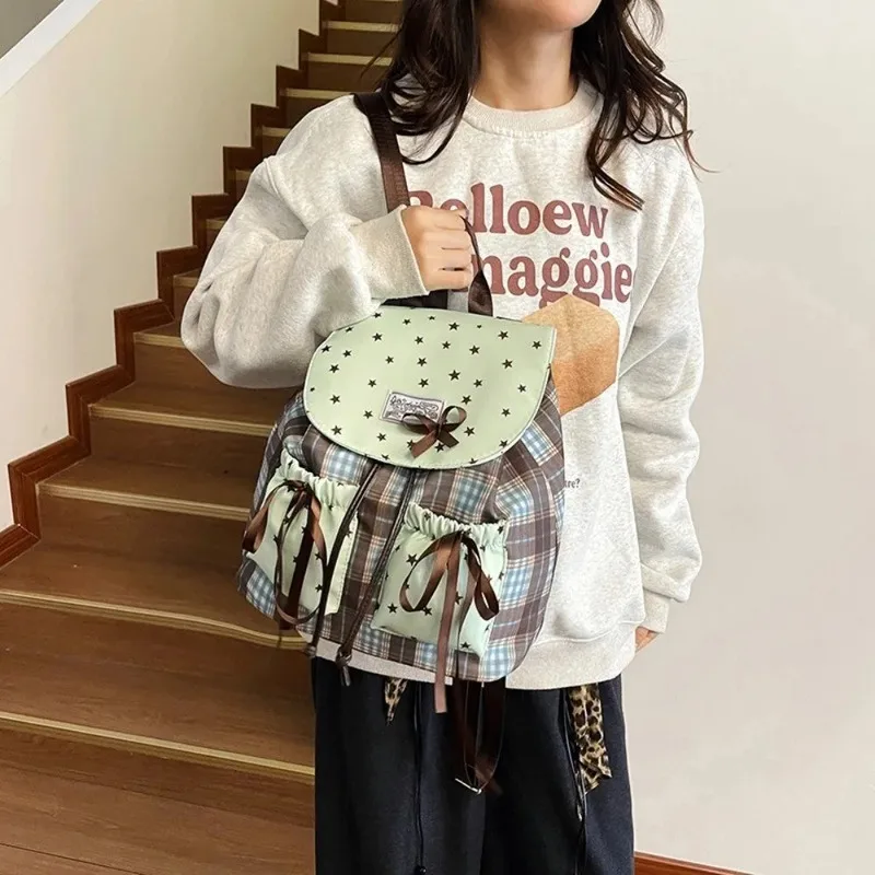 Sweet Bow Star Print Plaid Mint Green Small Backpack Fresh Students Schoolbag Minimalist Outdoor Knapsack Casual Travel Rucksack
