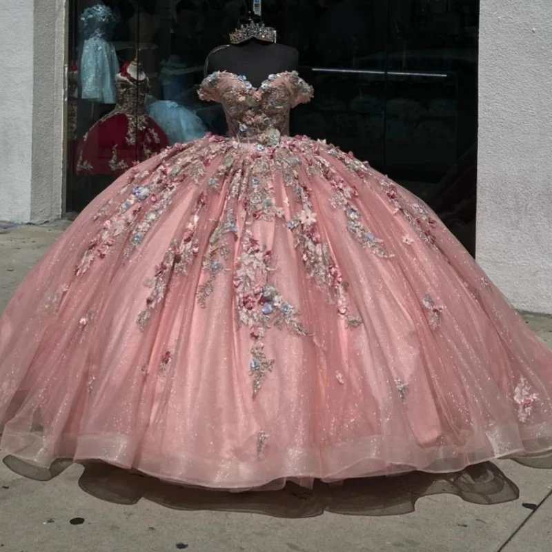 Charming Princess 15 Girl Quinceanera Dresses Off Shoulder Flower Applique Lace Up Ball Gown Prom Birthday Party Dress Dance 16