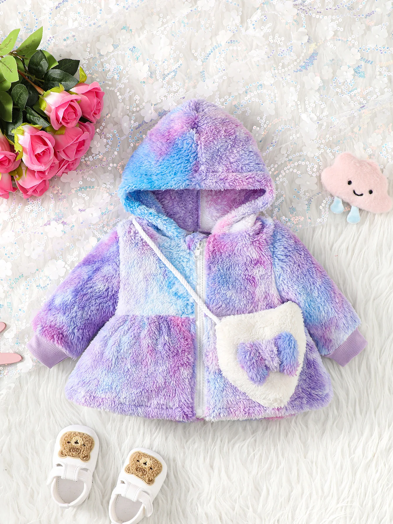 Autumn-Winter Fluffy Dyed Hooded Zipper Warm Coat For Baby Girls Paired With Cute White Bow Crossbody Bag For Baby Girls