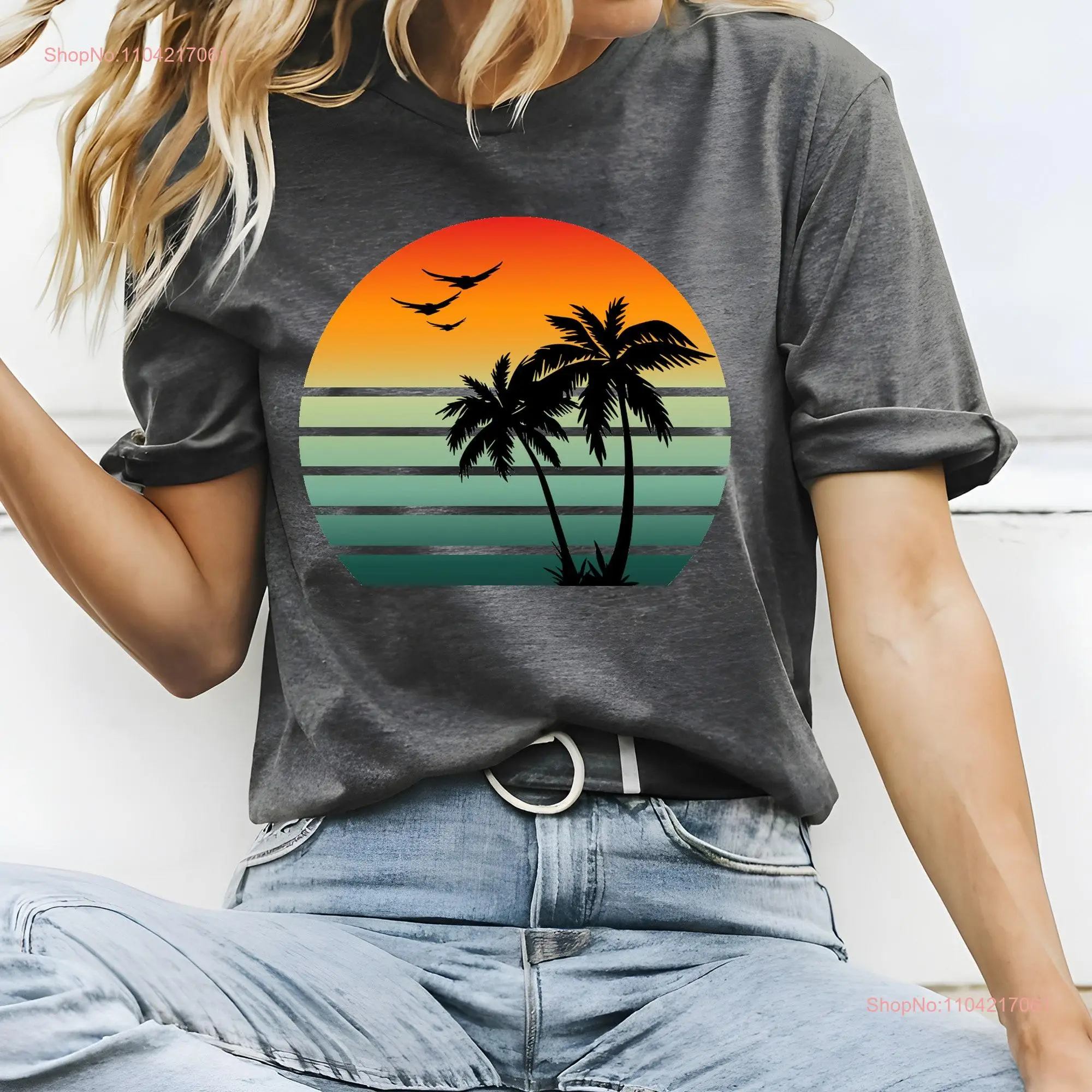 Tropical SunseT T Shirt Palm Tree Cute Nature Beach Lover Bird long or short sleeves