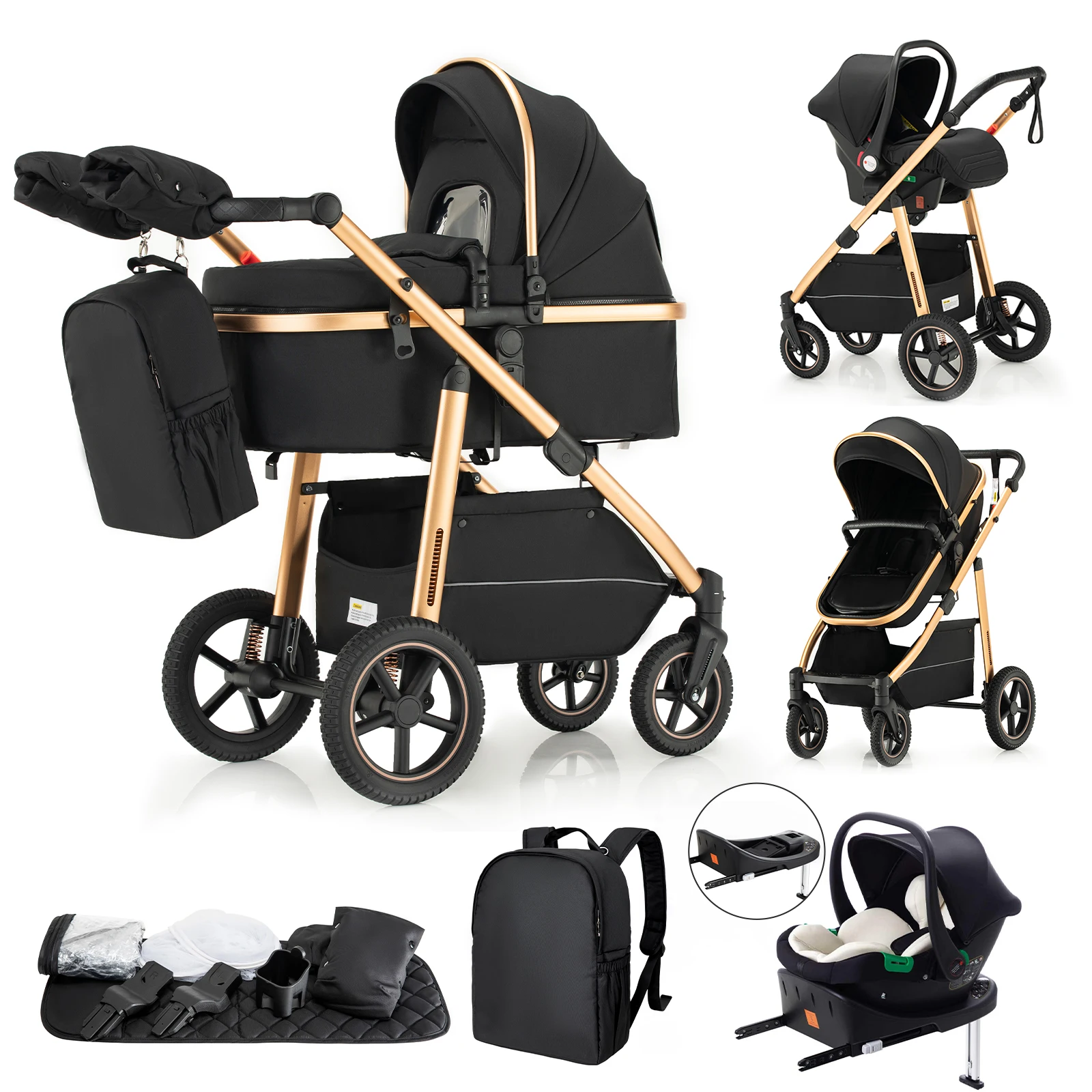 Luxueuze 3-in-1 babywandelwagen met hoog zitvlak, aluminium frame, opvouwbare kinderwagen, multifunctionele reiswandelwagen met verstelbare zitting voor pasgeborenen.