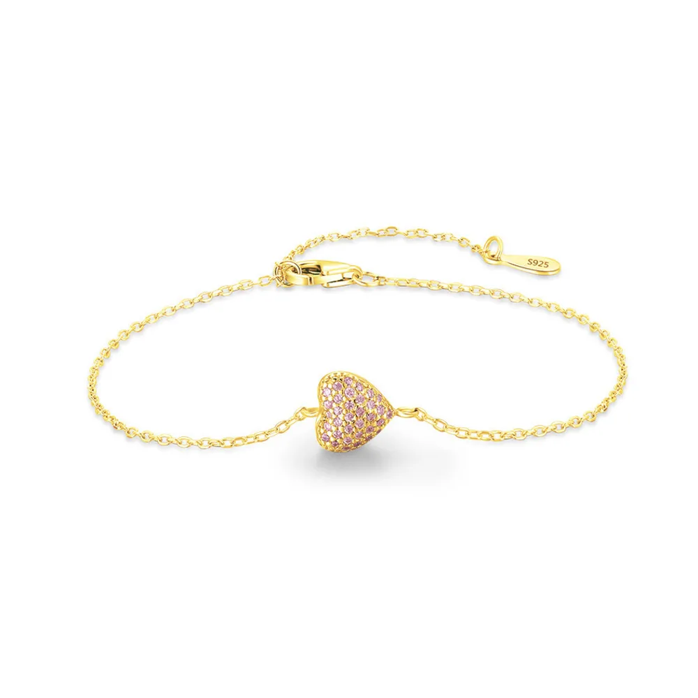 

GL S925 Pure Silver Girl Pink Full Diamond Heart Bracelet, Luxury Bracelet with High-end Feel
