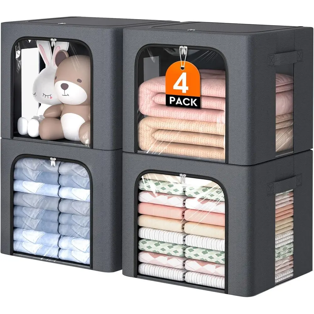 

Набор из 4 тканевых коробок для хранения одежды с металлическим каркасом, 40 л, с прозрачным окном, с передними и верхними застежками-молниями, штабелируемые