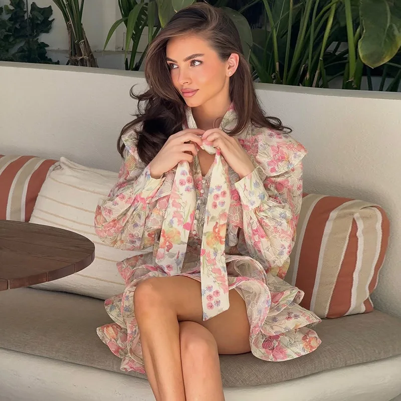 

Summer 2025 New Bow Print Long Sleeve Shirt Ruffle Skirt Set