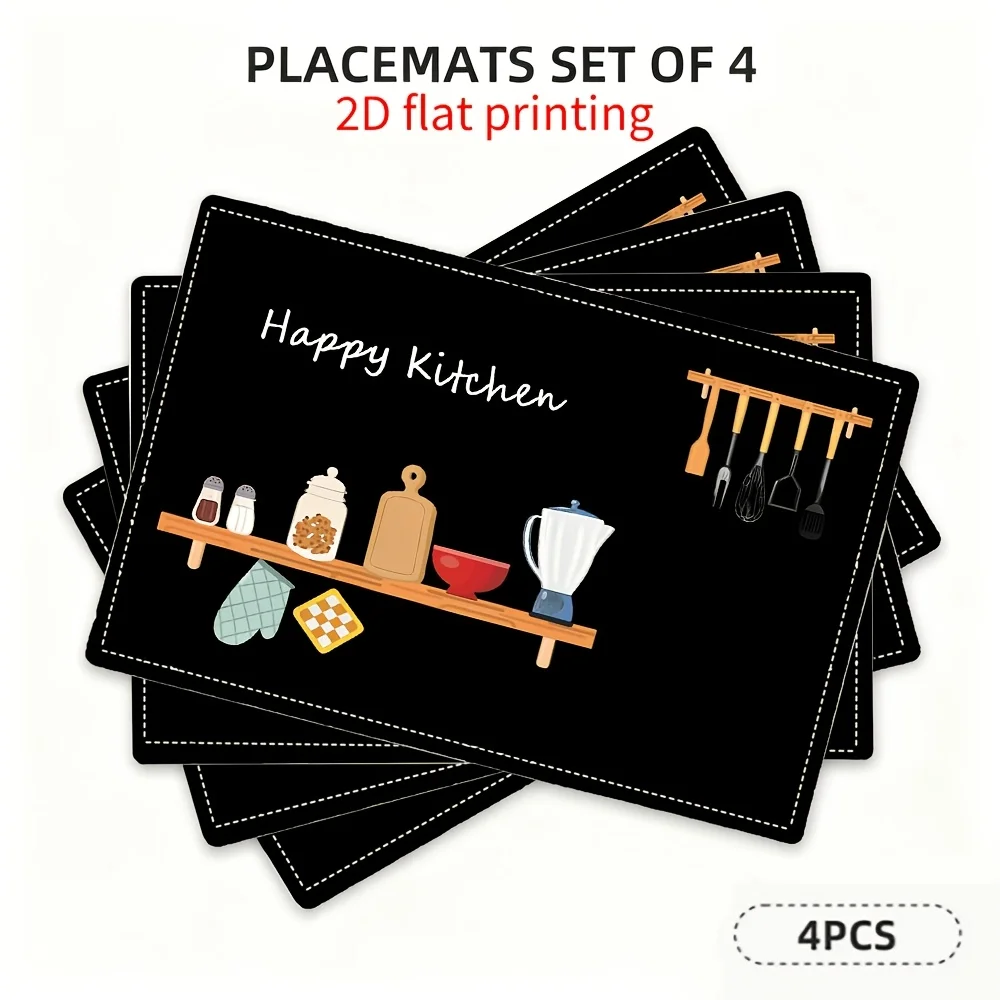4-Pack Placemats (12 X 18 Inches) - Black Background Happy Kitchen Theme Tableware Utensils Cozy Pattern for Dining Room Kitchen