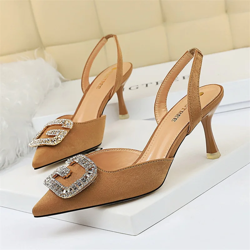 Crystal Buckle High Heels Sandals Women Pumps Blue Suede Low Heel Summer Shallow Mouth Pointed Toe Party Dress Shoes