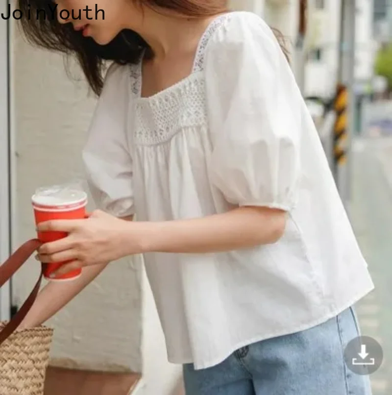 Summer Blouse Women Square Collar Short Sleeve Loose Shirts 2023 Blusas De Mujer Vintage Loose Blouses Hollow Out Korean Tops