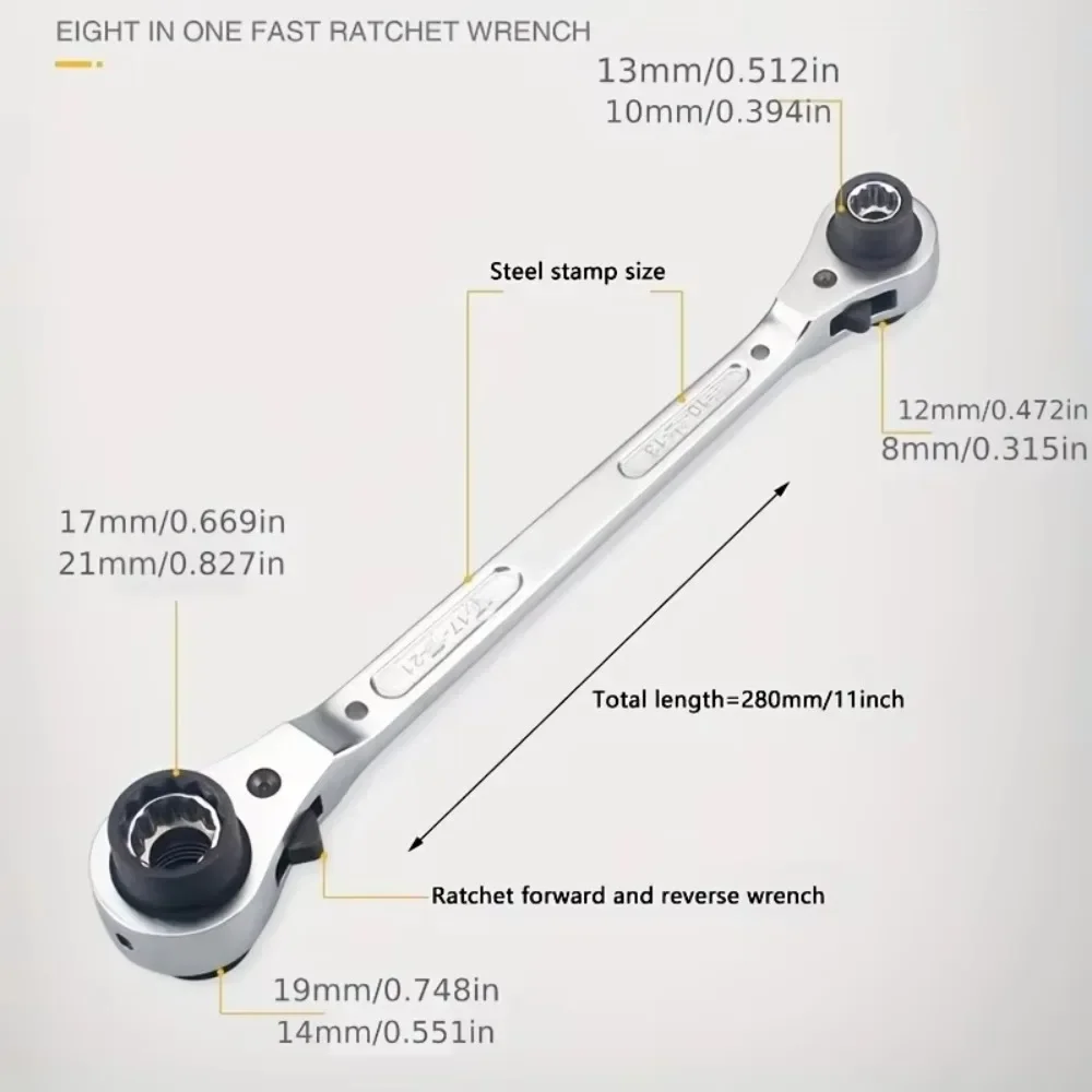 

1pc 8 in 1 Dog Bone Ratchet Wrench Set Automatic Double-Sided Double Ratchet Wrench Steel Multifunctional Socket Wrench