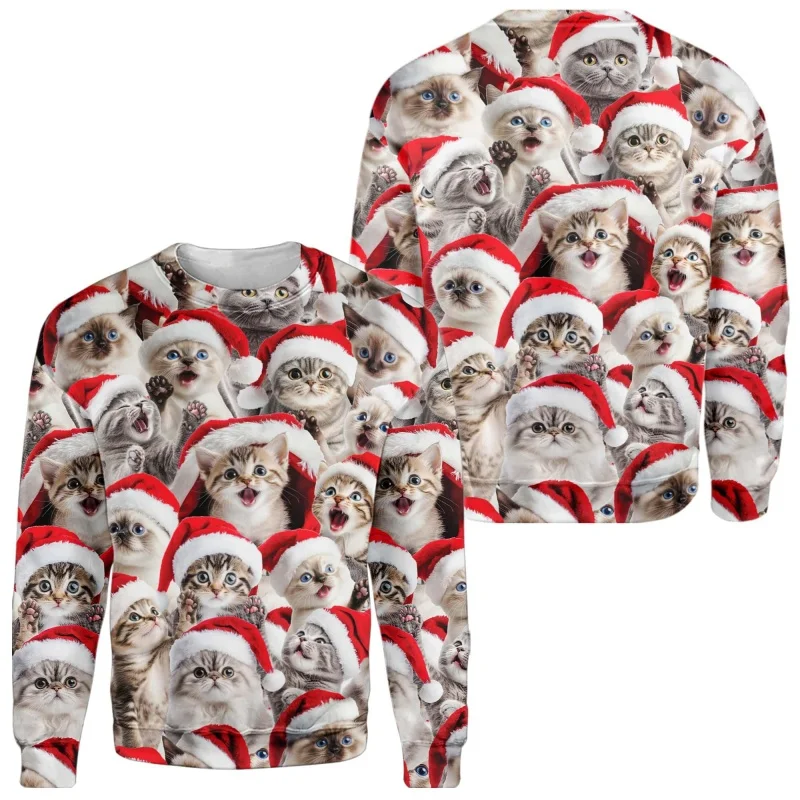 ثلاثية الأبعاد مطبوعة عيد الميلاد قبعة البلوز للرجال النساء القط يسوع الألبكة نمط البلوفرات عادية فضفاض الجولة الرقبة طويلة الأكمام هوديس #5