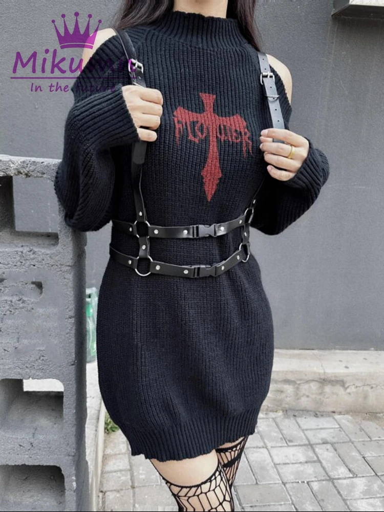 Mikumn Harajuku Gothic Sweater Women Off Shoulder Cross Print Grunge Pullover Y2k Punk Rock Sexy Long Sleeve Black Knitwear