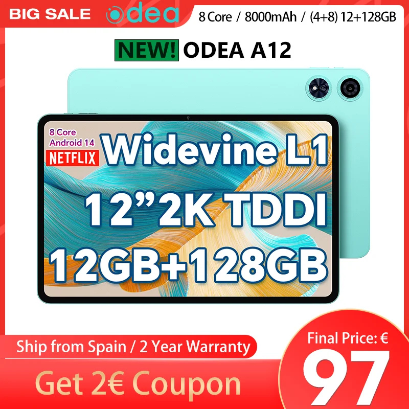 Odea A12 12 Inch Tddi Screen, 2000X1200 2K, Android 14 Tablet, (4+