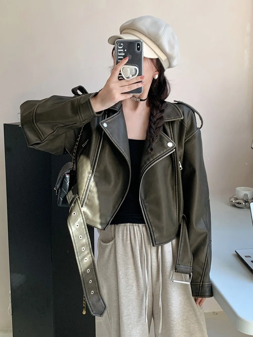 Cappotto da motociclista vintage da donna in pelle Jaet PU ort Waed Color sbiadito American Retro Sle Spring New Faion Loose Fit