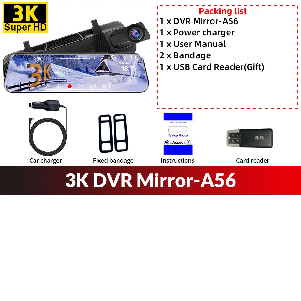 4K Mirror Dash Cam for Cars, Front and Inside Dual Lens WDR Night Vision Motion Detection G-Sensor Support 256GB image 3