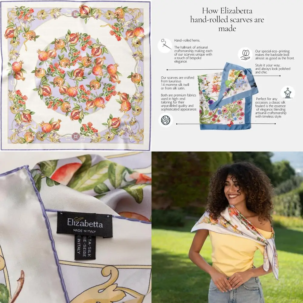 أوشحة مربعة إيطالية حريرية 100% - صناعة يدوية نسائية مقاس 35 سم في إيطاليا، إكسسوارات أنيقة