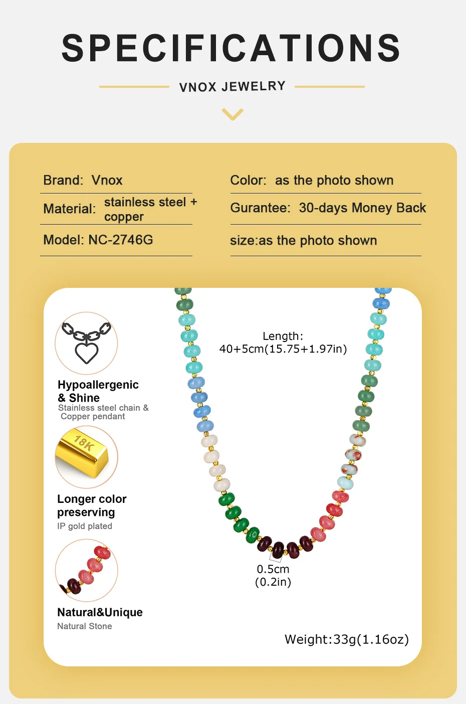 Vnox mehrfarbige, simulierte Steine, handgefertigte Halsketten, bunte Natursteinperlen, Halsband, Sommer, Strand, trendiger Boho-Schmuck, Geschenk – Detail 4