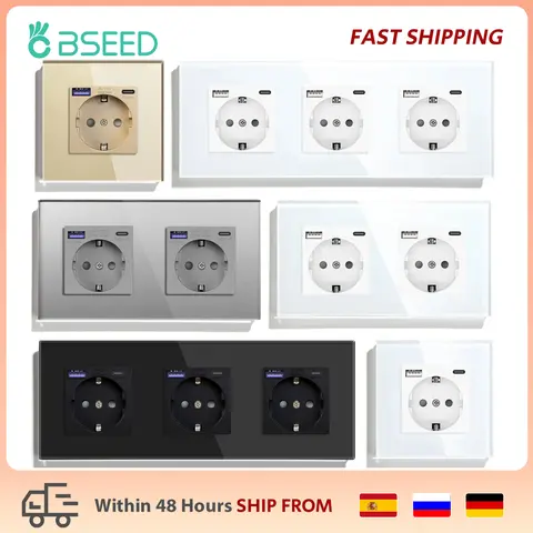 BSEED EU 표준 단일 전원 소켓 크리스탈 패널 16A 이중 콘센트 트리플 벽 소켓 EU 유리 장착 4 중 소켓
